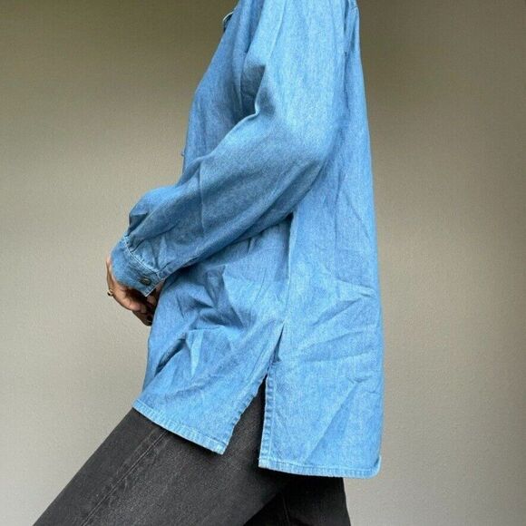 Vintage German Women's Long Sleeve Denim Button Down Oversized Shirt Blue Sz M - Picture 7 of 9